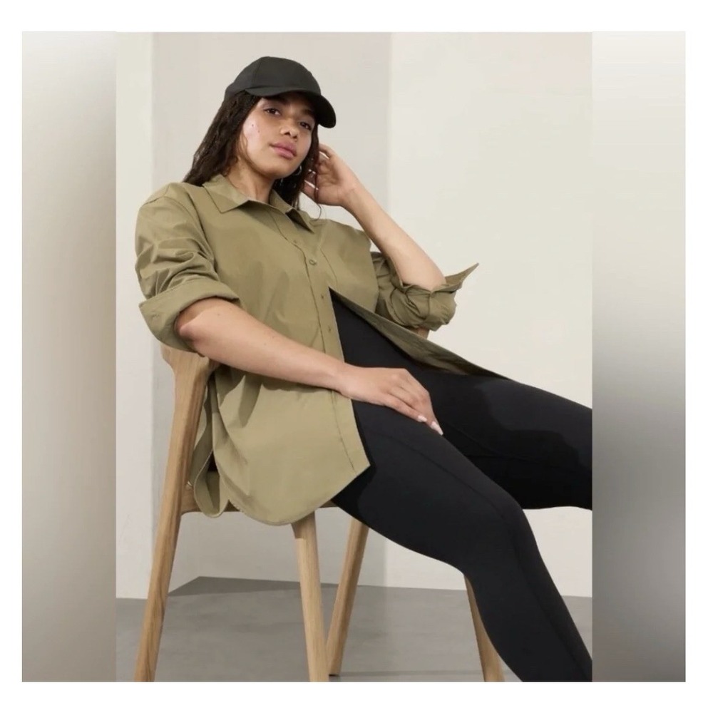 NWT Athleta Medium Midday Relaxed Shirt Olive Green Button Front Top